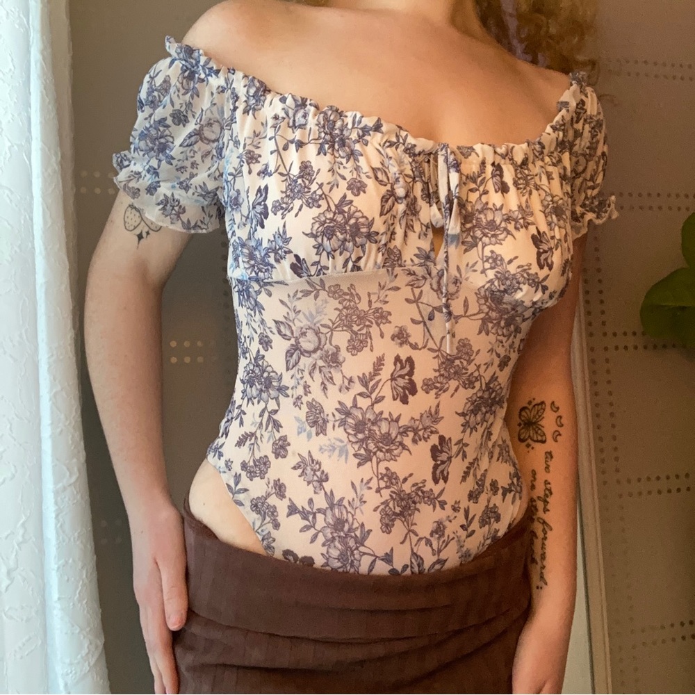 navy blue and white floral mesh bodysuit